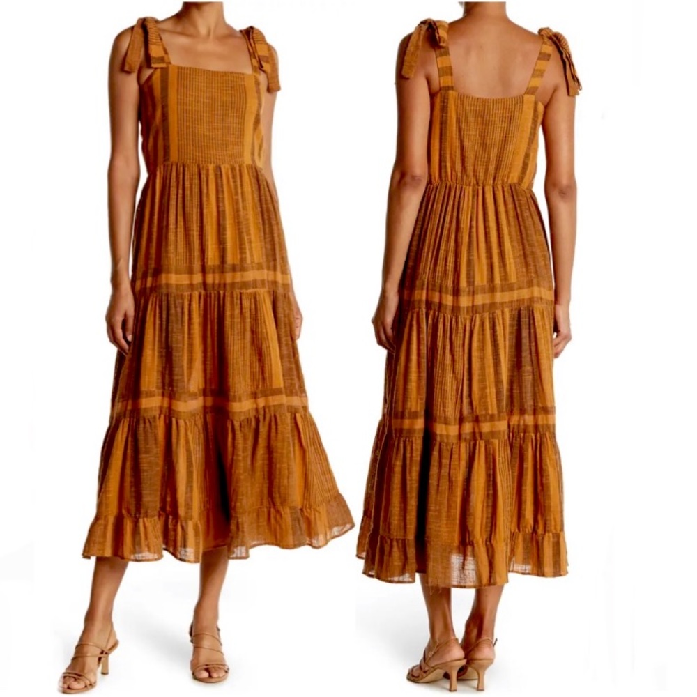 Golden Curry Tie Strap Tiered Ruffle Boho Midi